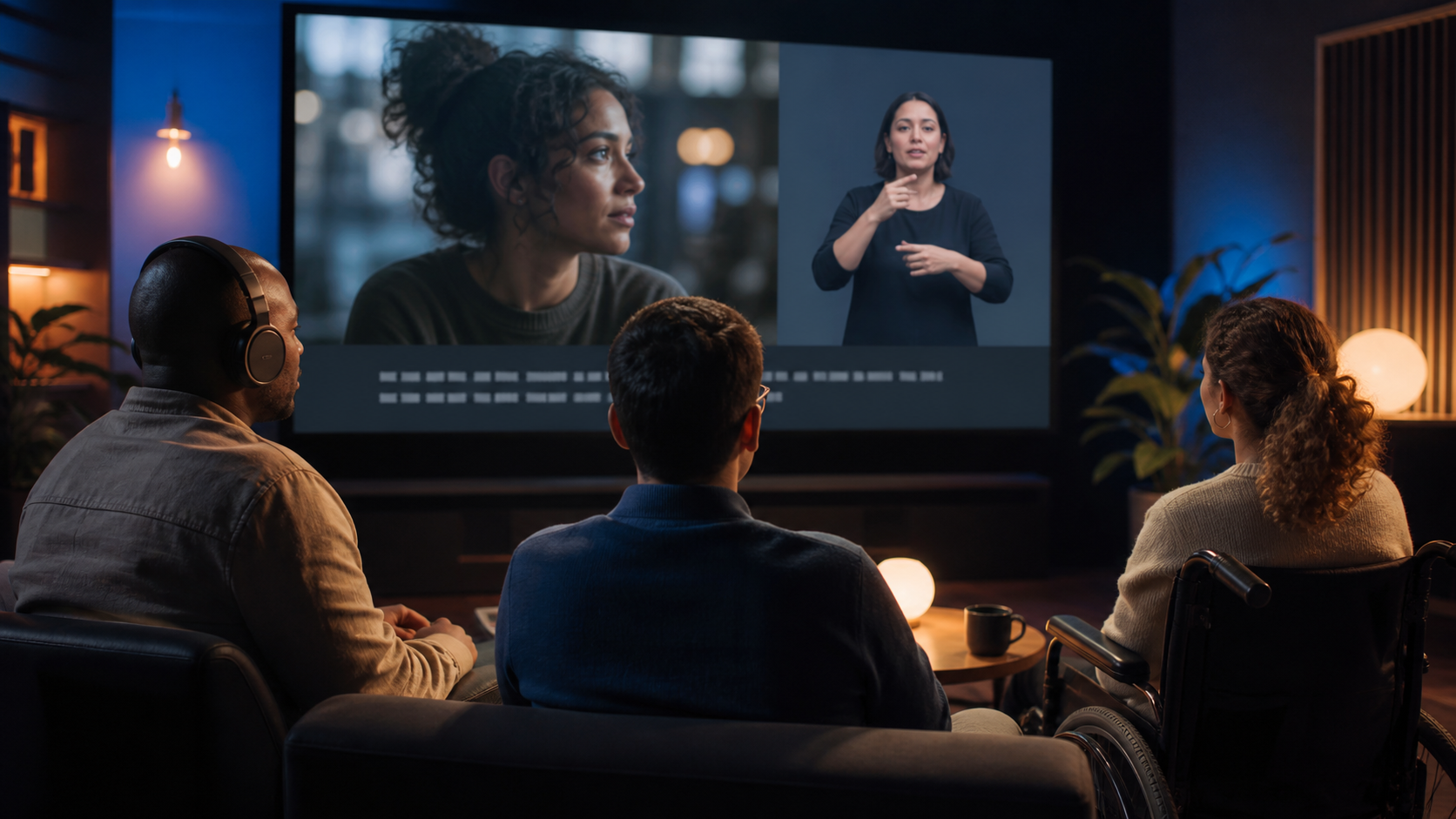 Personas compartiendo una experiencia audiovisual con subtítulos, lengua de signos y auriculares