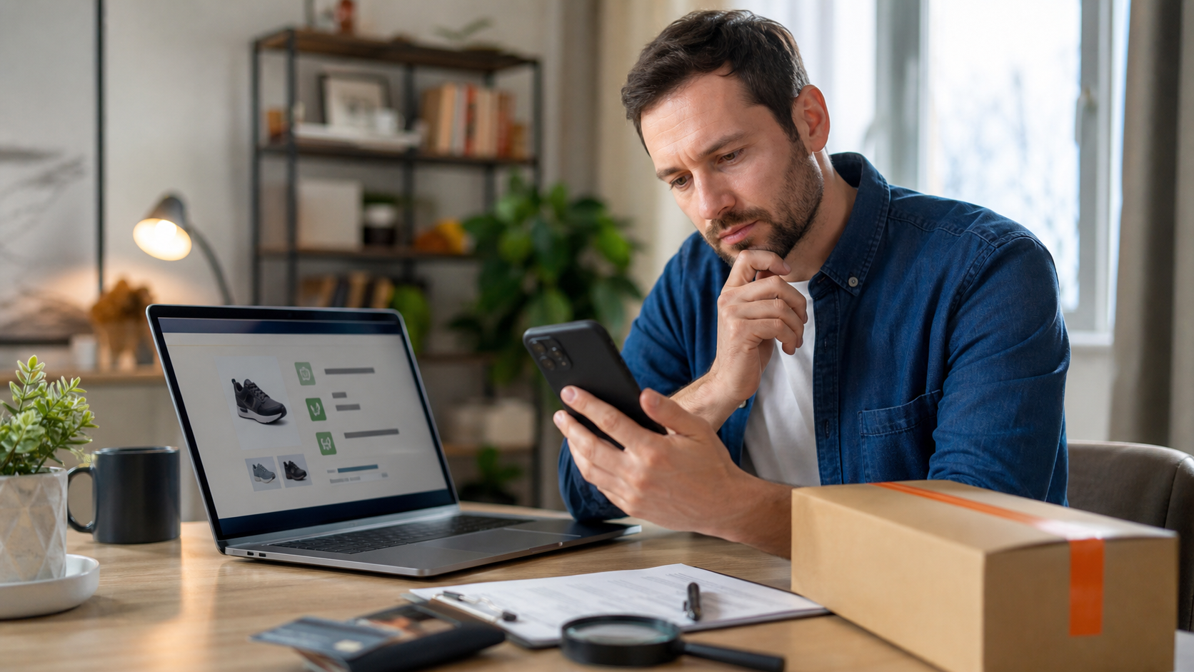 Persona comprobando una compra online antes de realizar el pago
