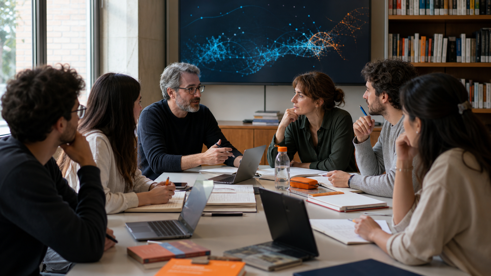 Estudiantes y docentes dialogan y contrastan ideas con apoyo de herramientas de inteligencia artificial.