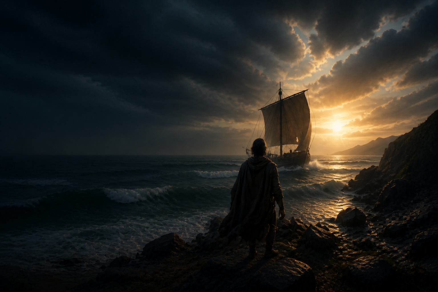 Un viajero contempla una nave en un mar agitado al atardecer