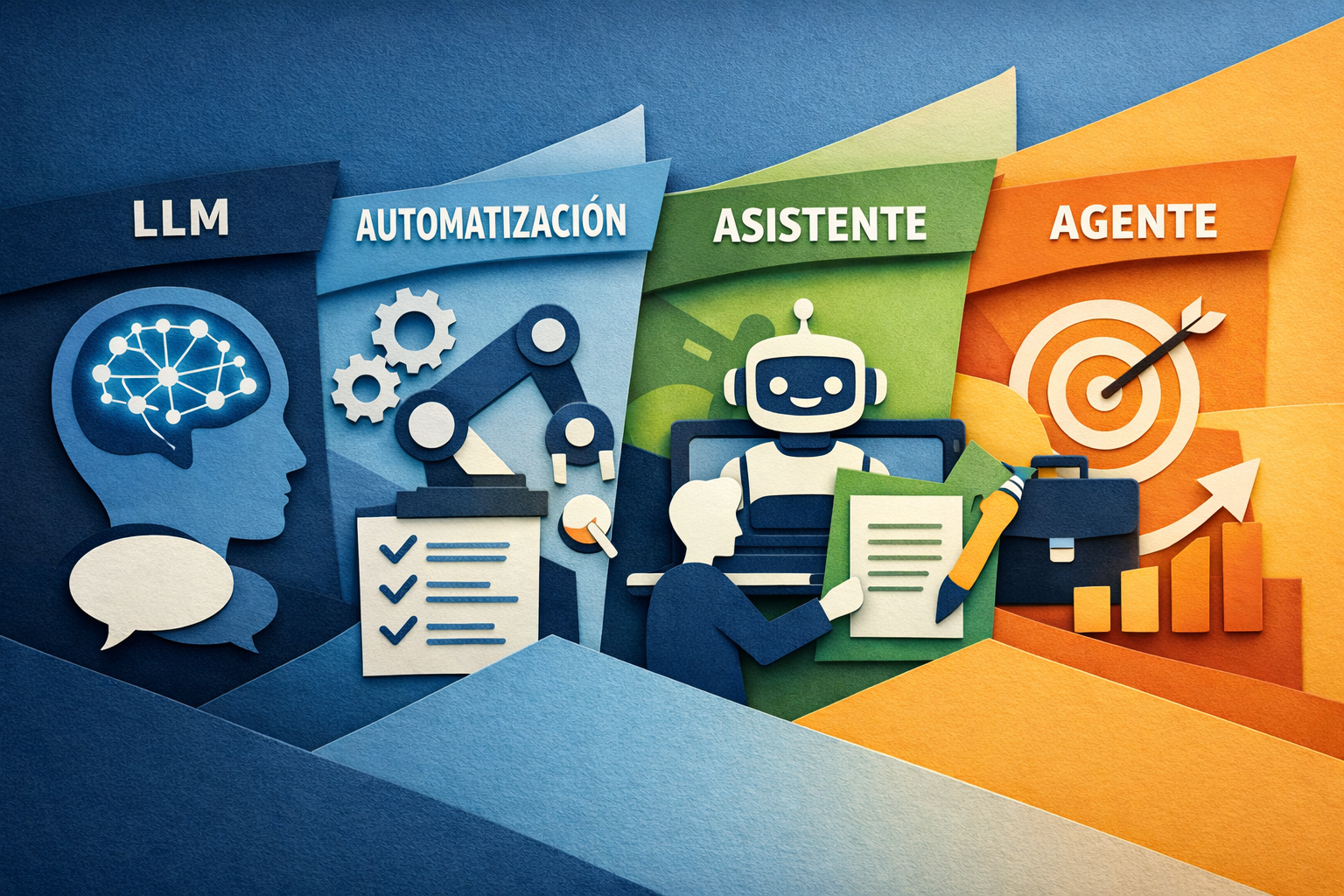 LLM, automatización, asistente y agente