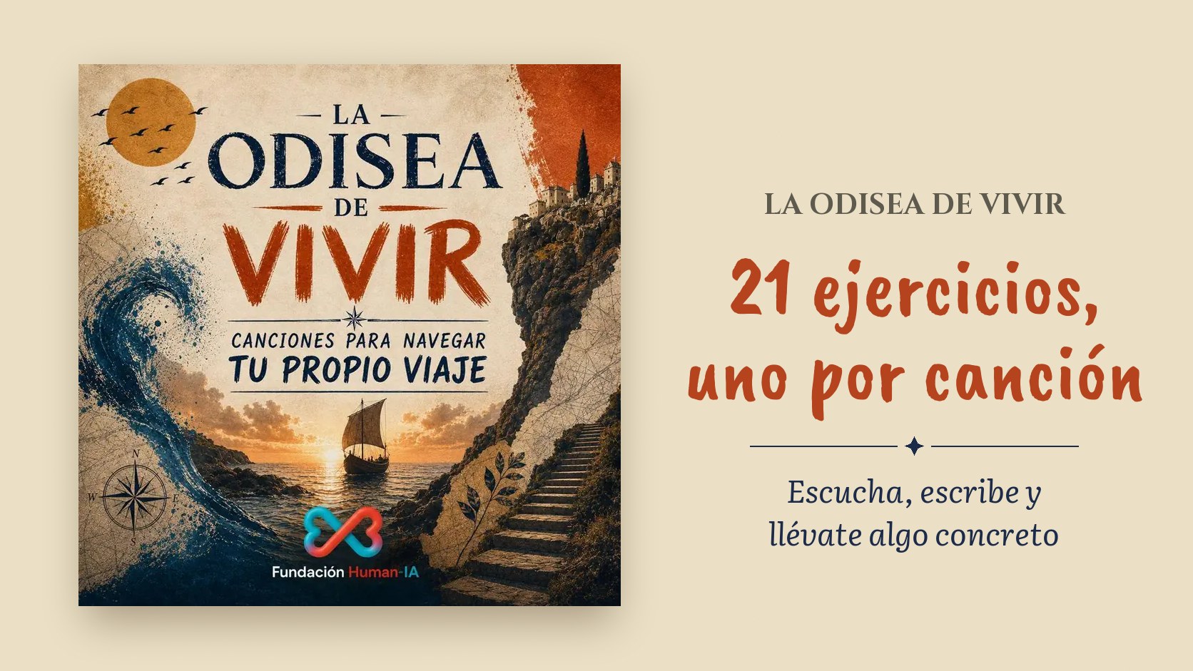 Portada de La odisea de vivir sobre papel, con el rótulo «21 ejercicios, uno por canción. Escucha, escribe y llévate algo concreto».